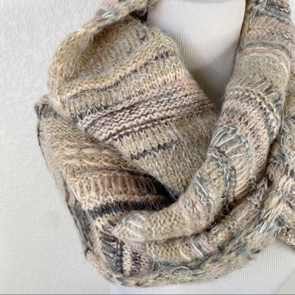 World Market Tan Pink & Gray Knit Circle Scarf - Picture 2 of 5